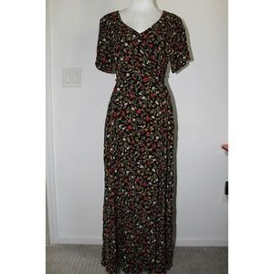 VTG Laundry by Shelli Segal Floral Maxi Dress Black V-Neck Tie 90s Size 10